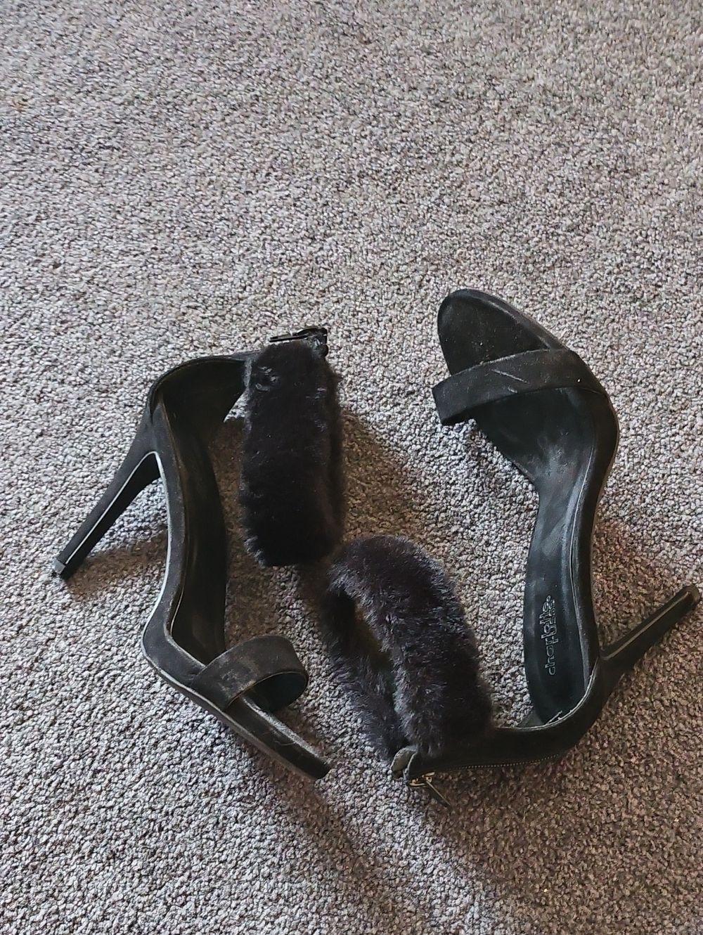 Classic Black Faux-Fur Ankle Strap High Heel Sandals - Black